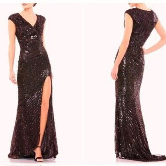 Mac Duggal Brown Sequin Embellished Cap Sleeve Trumpet Gown - Picture 1 of 2
